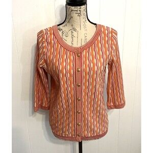Sigrid Olsen Cardigan Button Front Size Medium Silk Blend Stretch Retro Print